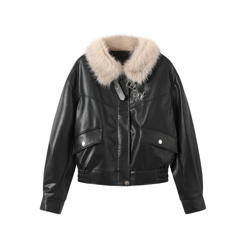 Black Leather Fur Collar Jacket Set-Up