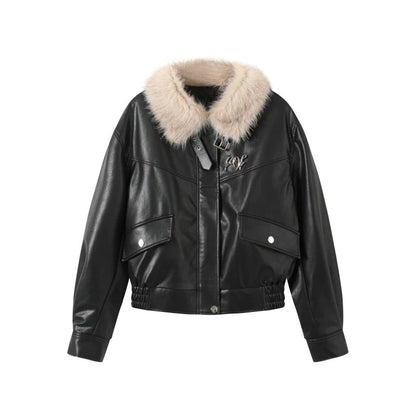 Black Leather Fur Collar Jacket Set-Up