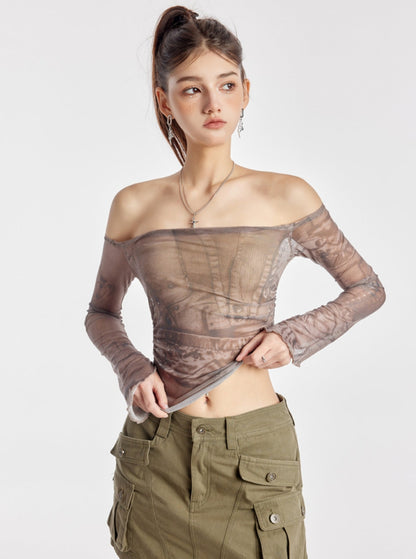 One-Shoulder Pleated Mesh Top