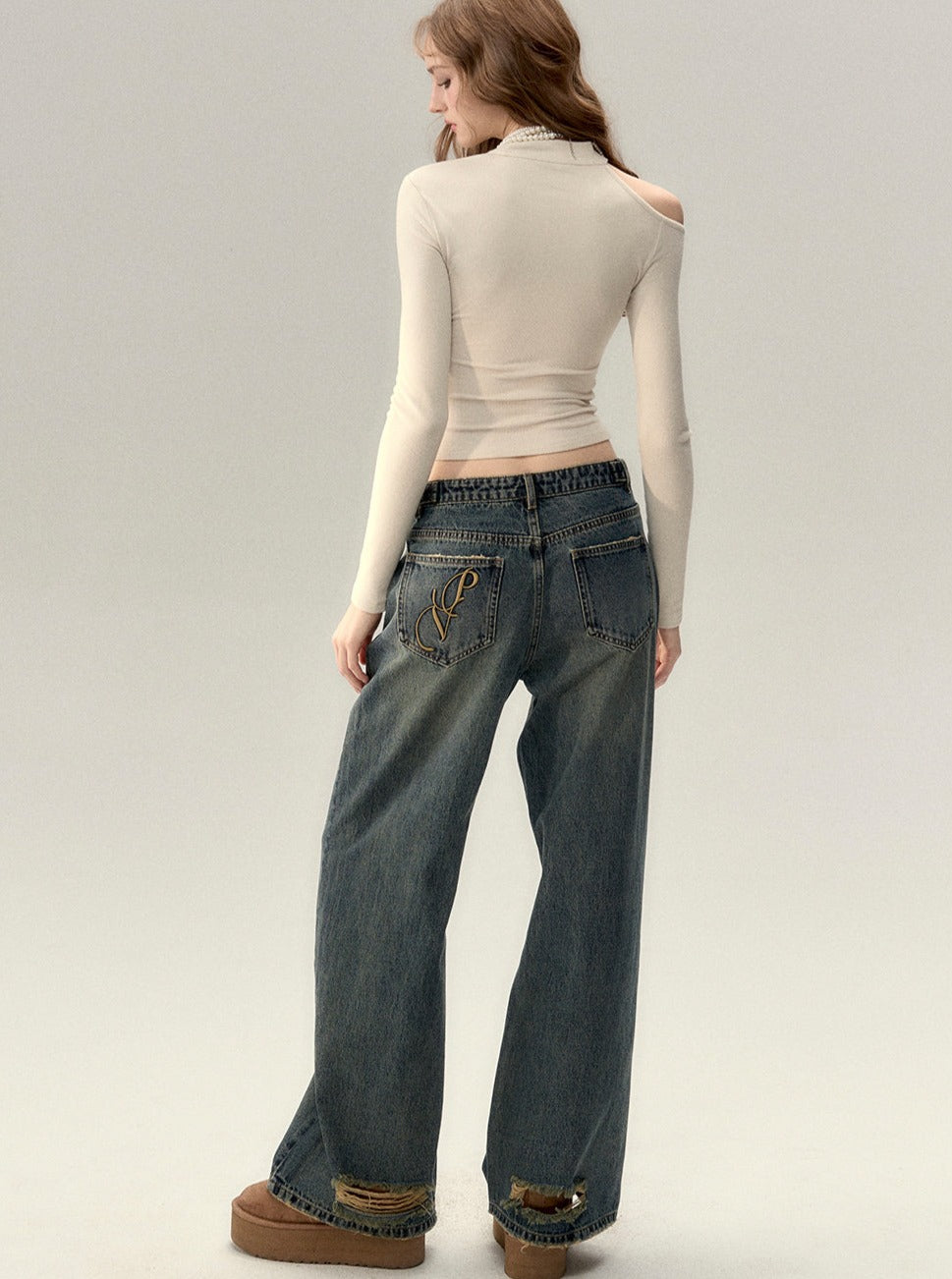 retro design straight studded jeans
