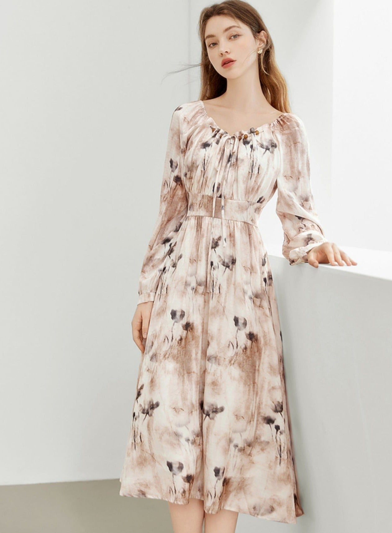 MEETLADY Ink Smudge Chiffon Long Sleeve Dress Women's Fall 2024 New French Elegant Waist-cinching Tea Dress