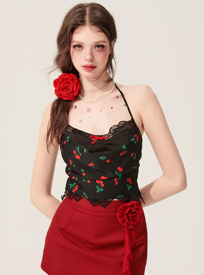 Red Tea Rose Halterneck Black T-Shirt