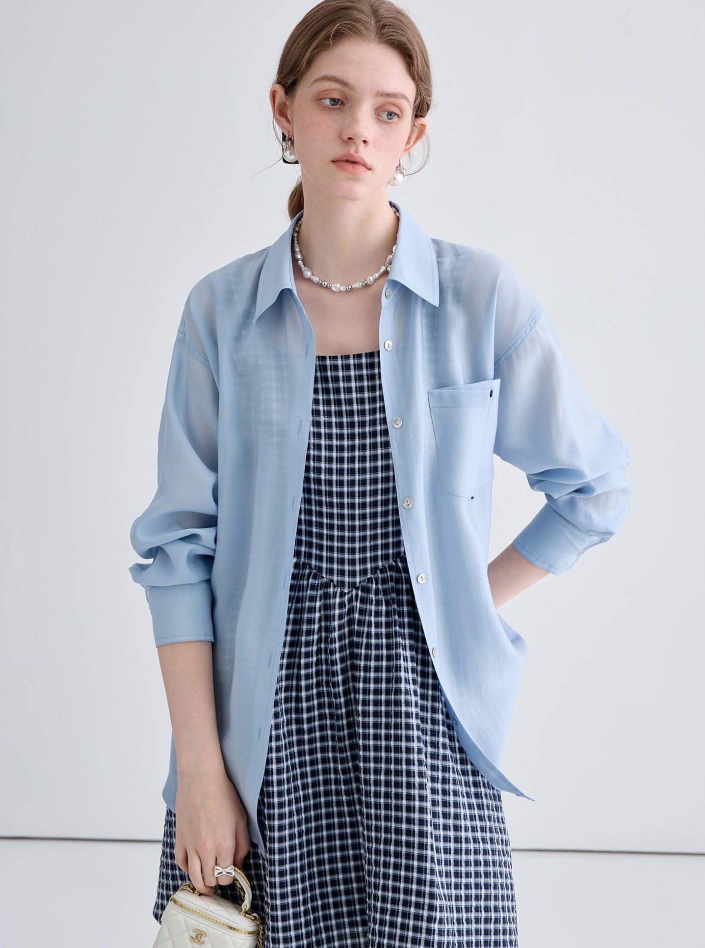 Vintage Blue Shirt With Contrast Check A-Line Dress Set-Up