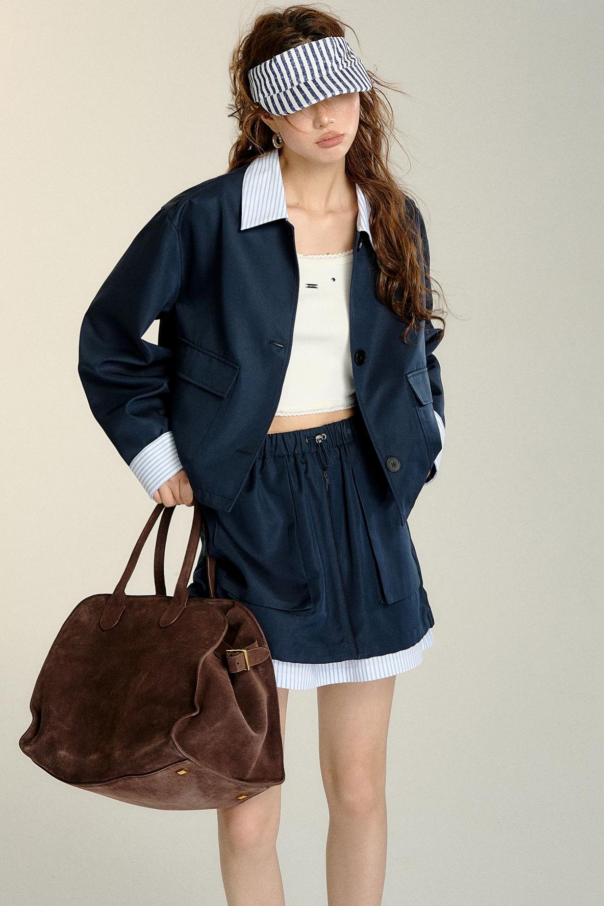 Patchwork Striped Trench Coat Skirt Set-Up