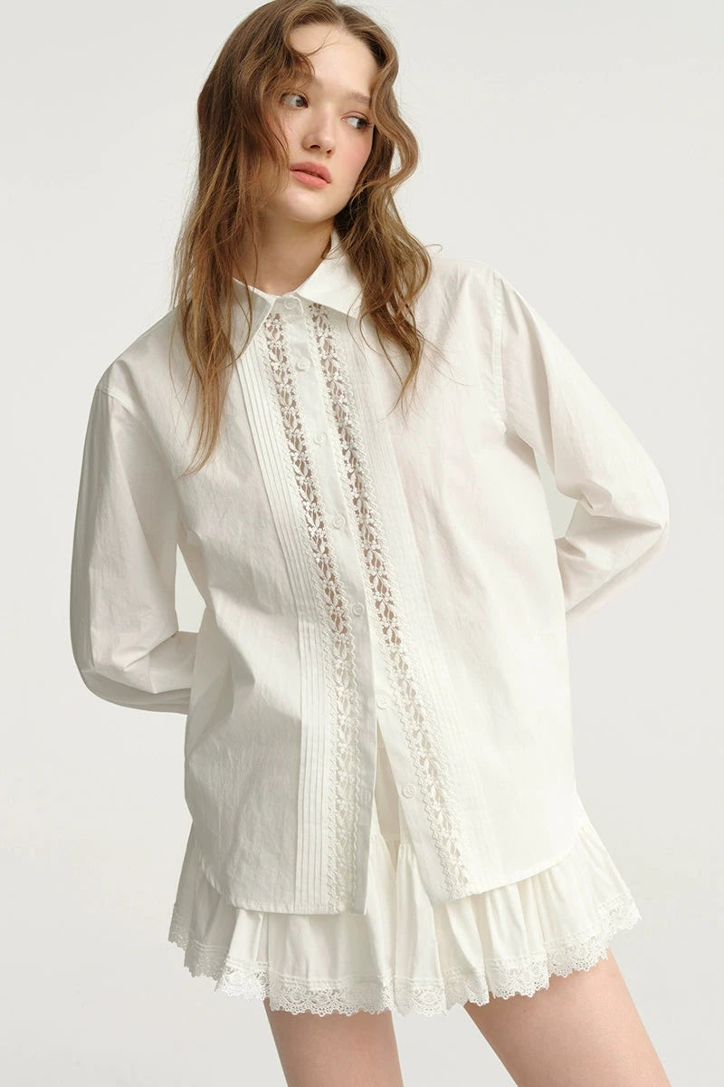 DESIGNER PLUS French Layering Long Sleeve Shirt Women's Fall 2024 Design Sense Lace Panelled White Shirt