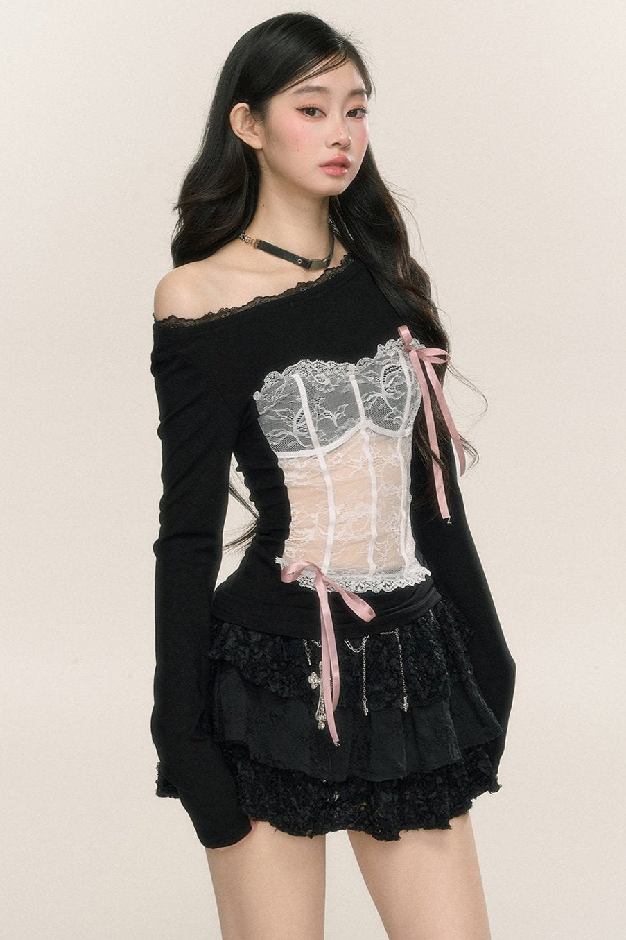 [On sale at 20 o'clock on September 26th] less eyes pure desire crit long-sleeved slanted shoulders slightly transparent lace T-shirt women's early autumn