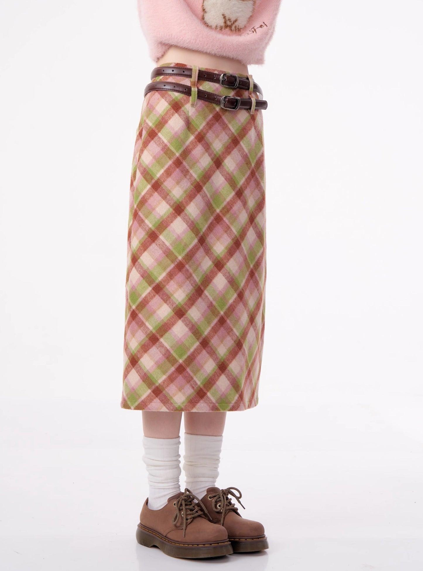 High-waisted check mid-length plaid Skirt