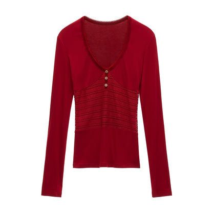 Patchwork V-Neck Long-Sleeved T-Shirt