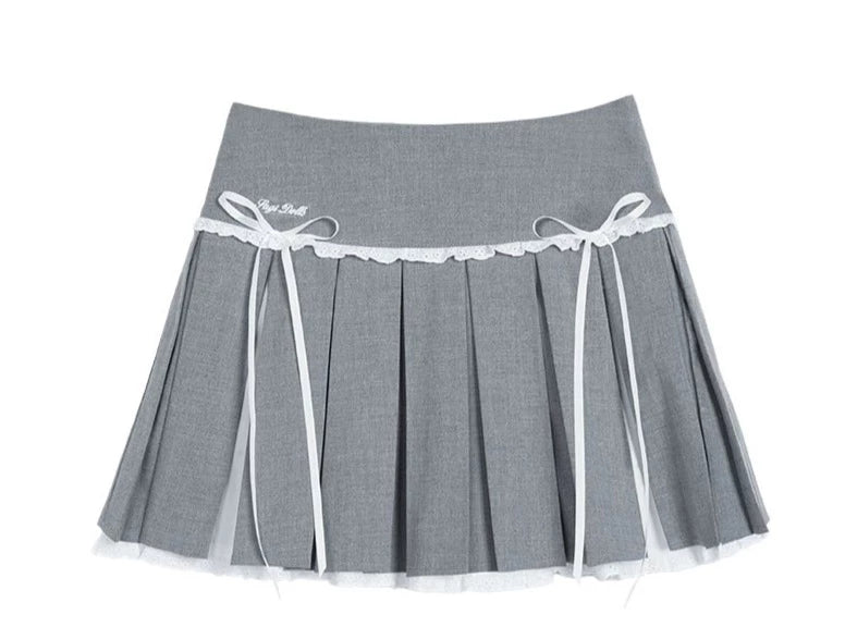 Black gray fake two bow pleated short half skirt