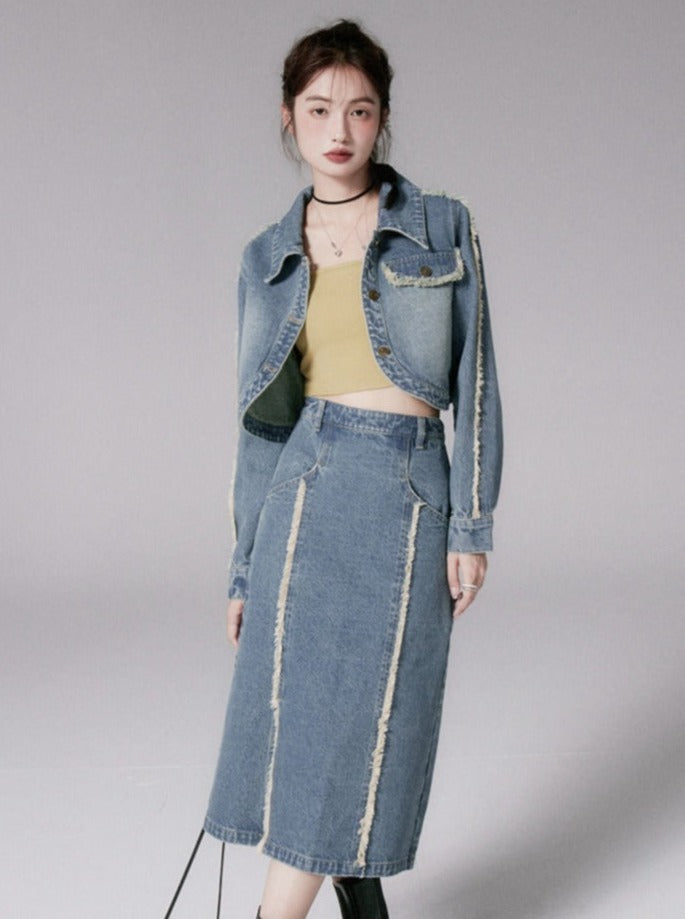 Retro raw denim skirt set