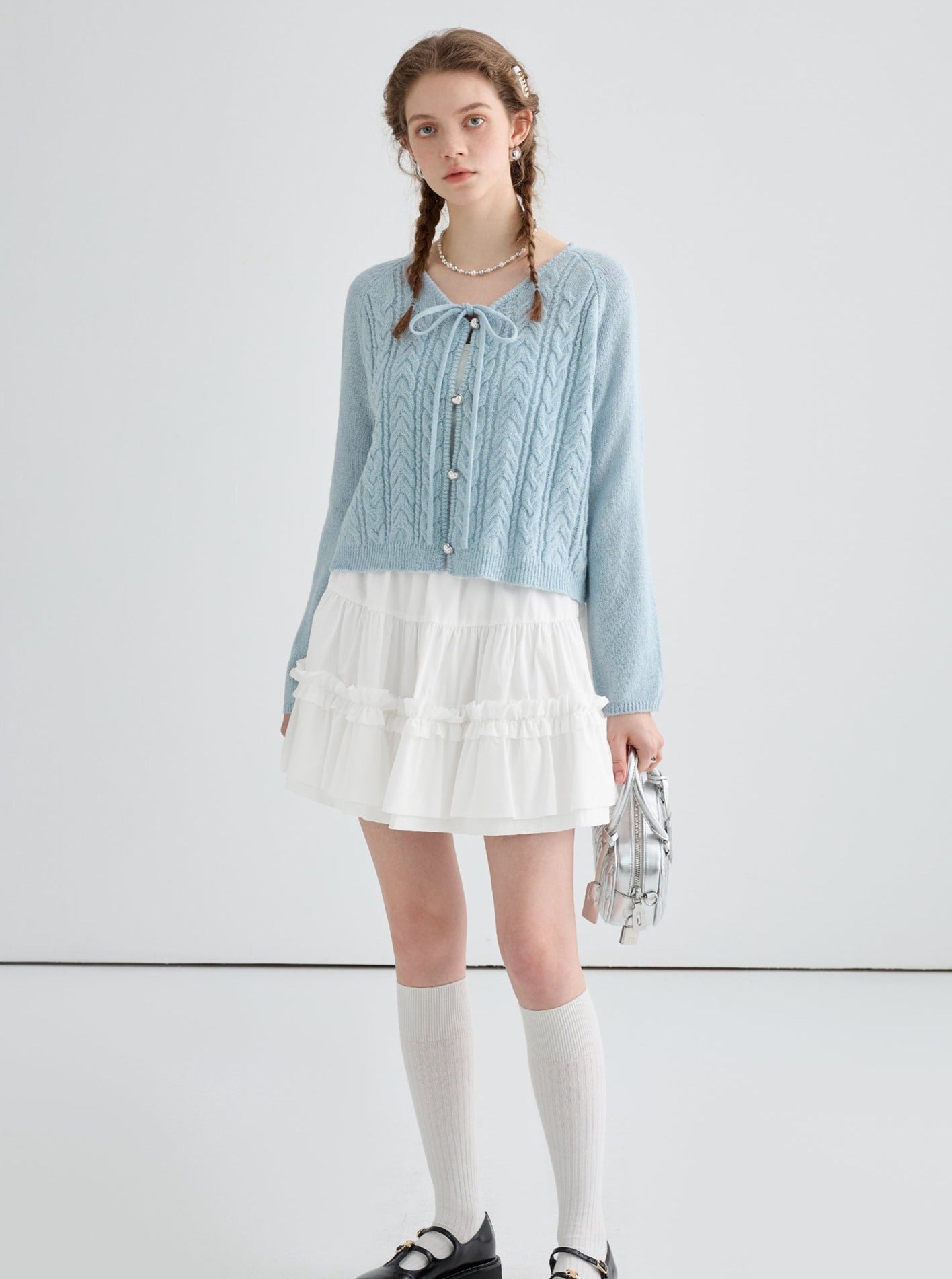 lace-up wool knitted cardigan top