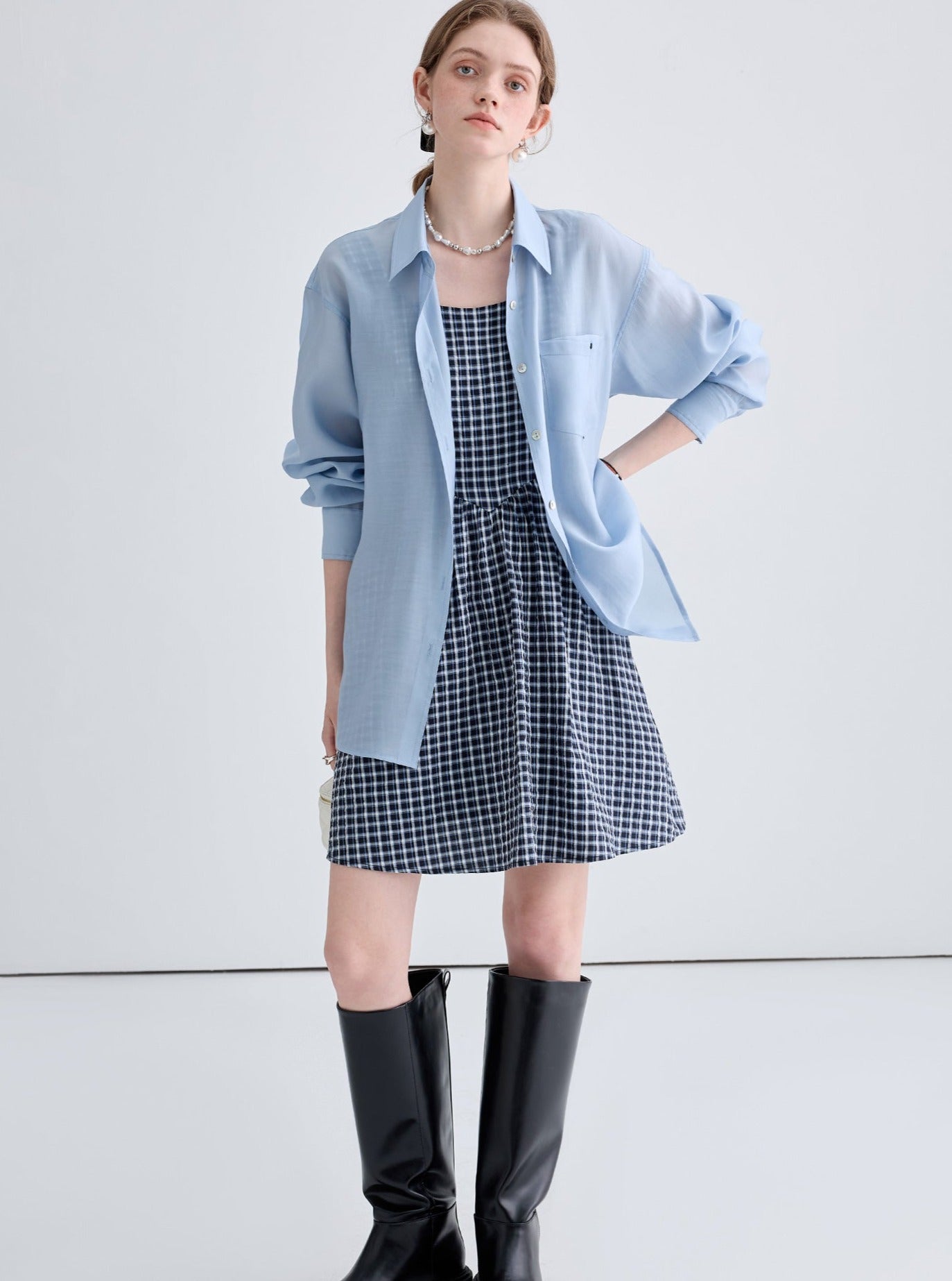 Vintage Blue Shirt With Contrast Check A-Line Dress Set-Up