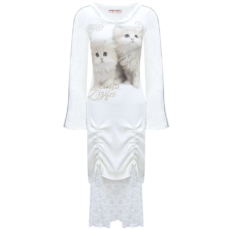 Lace Splicing Cat V-Neck Knitted Dress