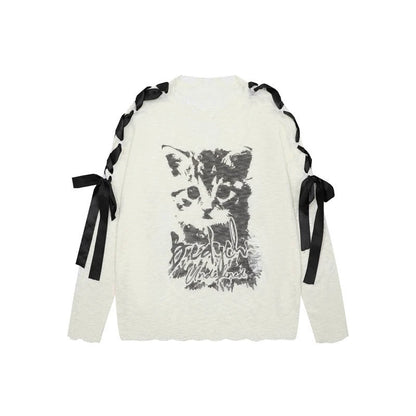 Cat Jacquard Lace-Up Top