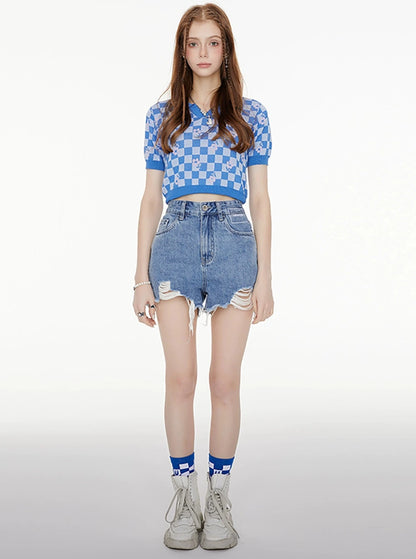 Blue Checkerboard Short Sleeve Polo Shirt