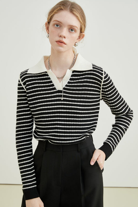 VEGA CHANG Striped Knitwear Women's Spring Autumn 2024 New Slim Slim Polo Neck Wool Base Layer