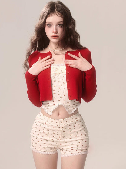 Red Floral Suspender Shorts Set-Up