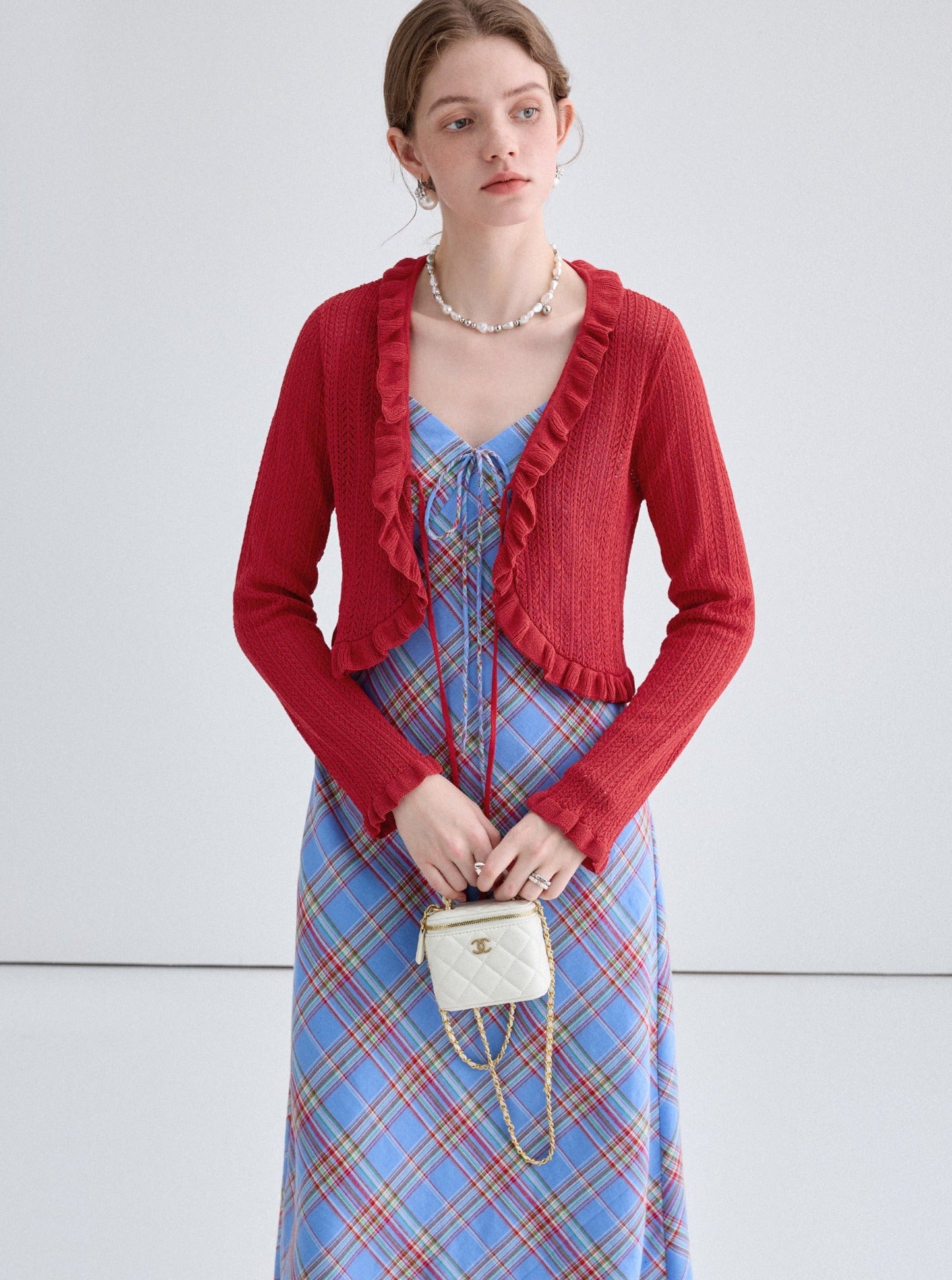 French Niche Cardigan With Check Slip Dress Set-Up