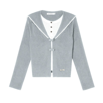 Sweet Navy Neck Knit Cardigan