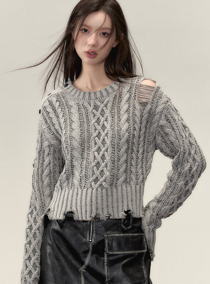 Crewneck ragged languid knit pullover Top