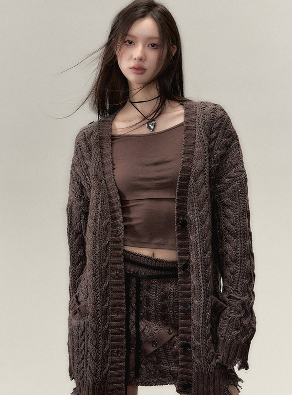 Midi slouchy knitted cardigan with skirt set