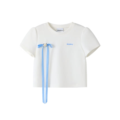 리본 디테일 레터 프린트 티셔츠 