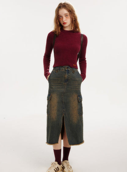 Vintage Half-Height Crewneck  Slim Fit Knitted Crop Top