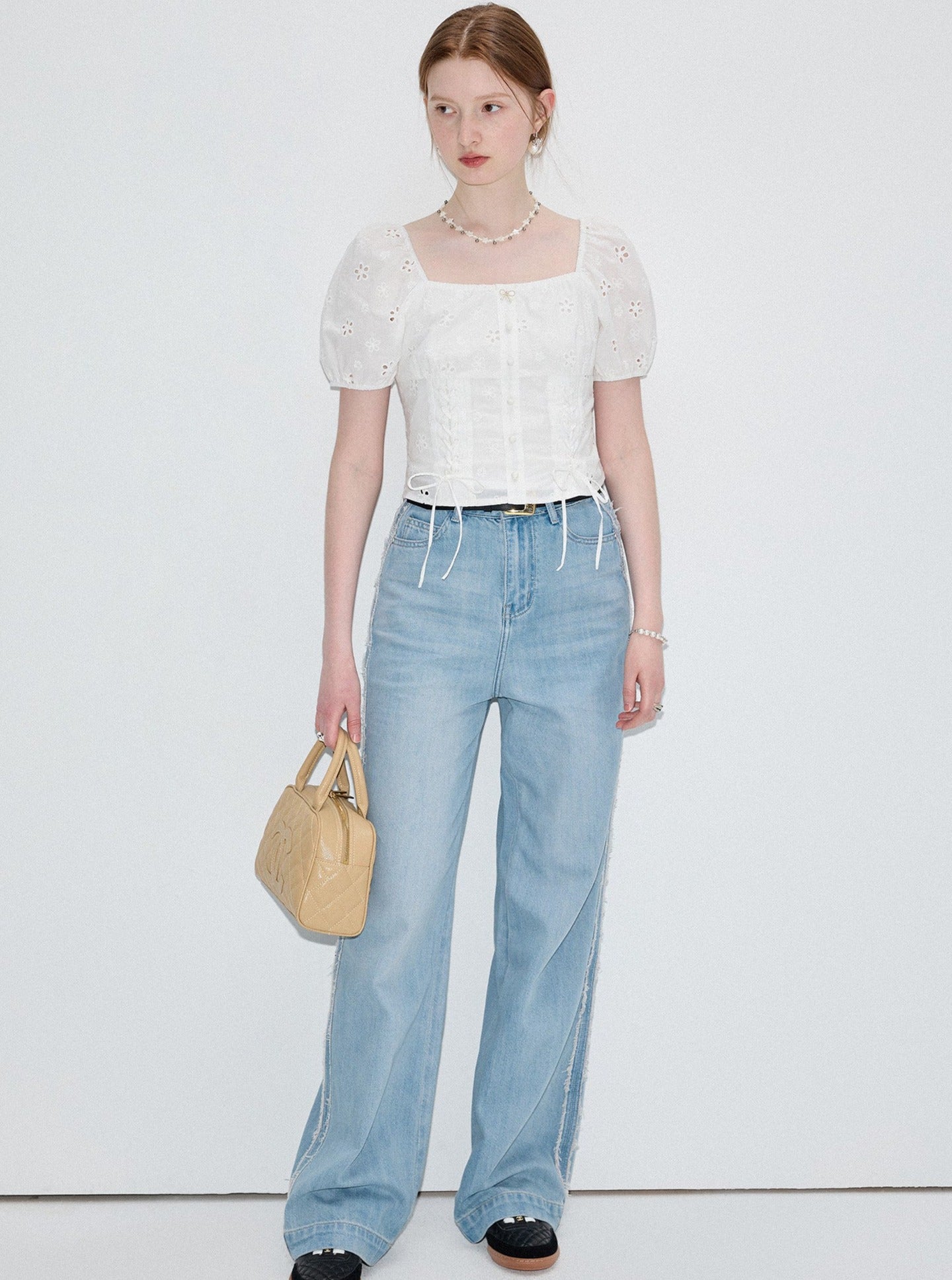 French Square Neck Jacquard White Shirt