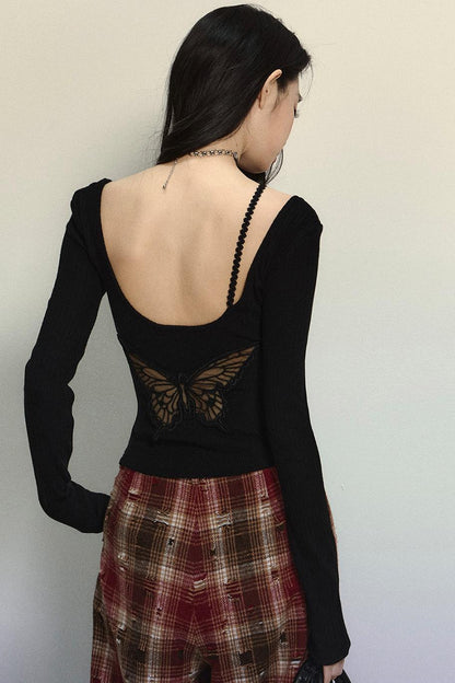 Crimson Lace Embroidered Backless Sweater