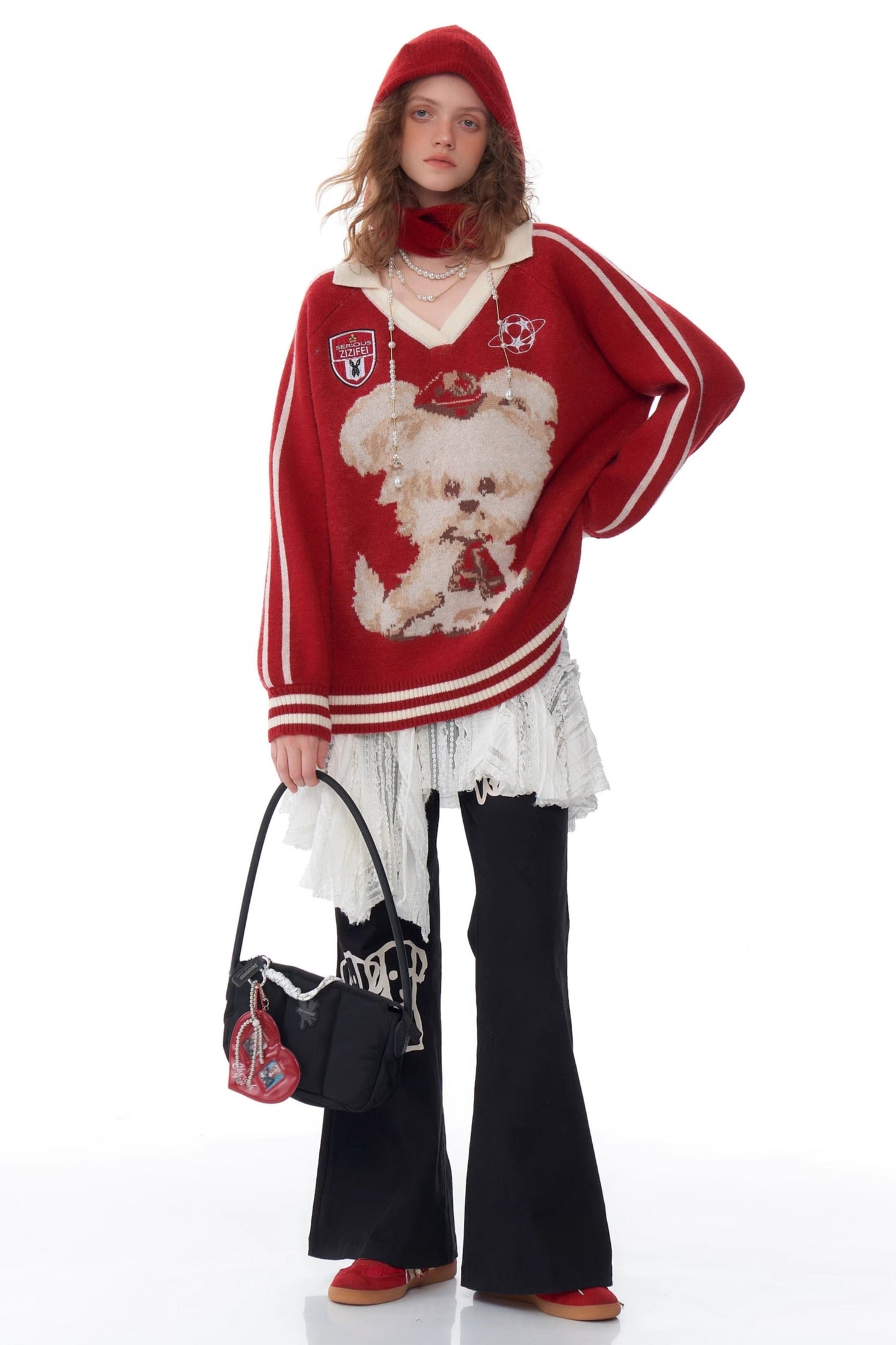 ziziFei autumn and winter american retro design sense poloV neck red shirt christmas sports style dog sweater women