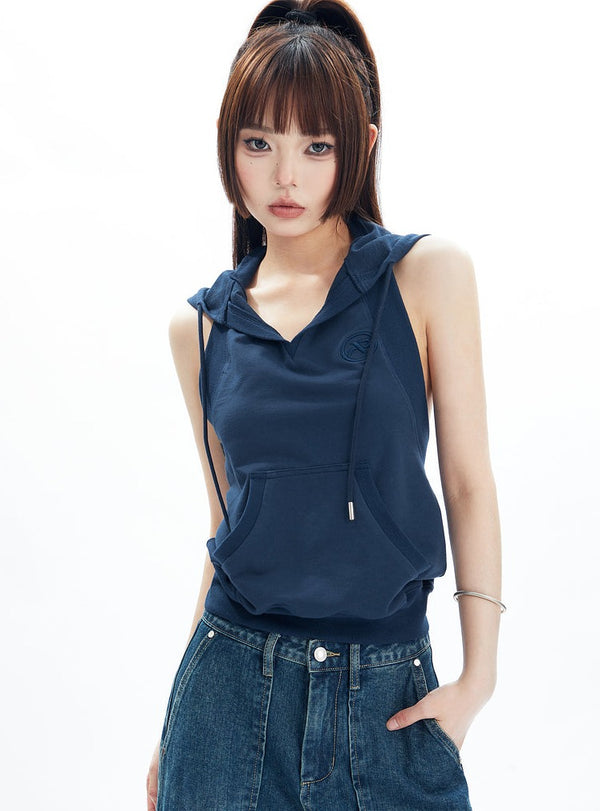 American Open Back Casual Hooded Sleeveless Tank Top
