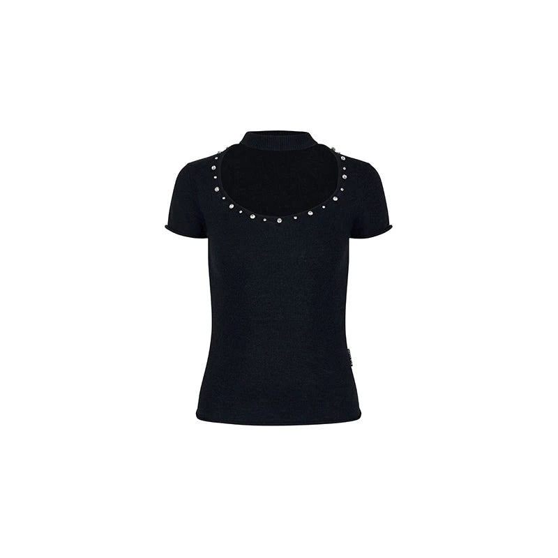 Rhinestone Choker Wool Top