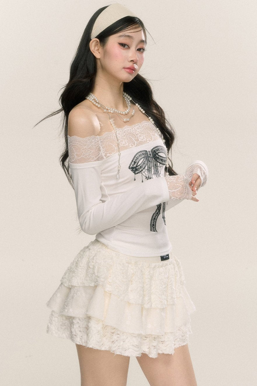 Paris Lace One-Shoulder Long-Sleeve T-Shirt