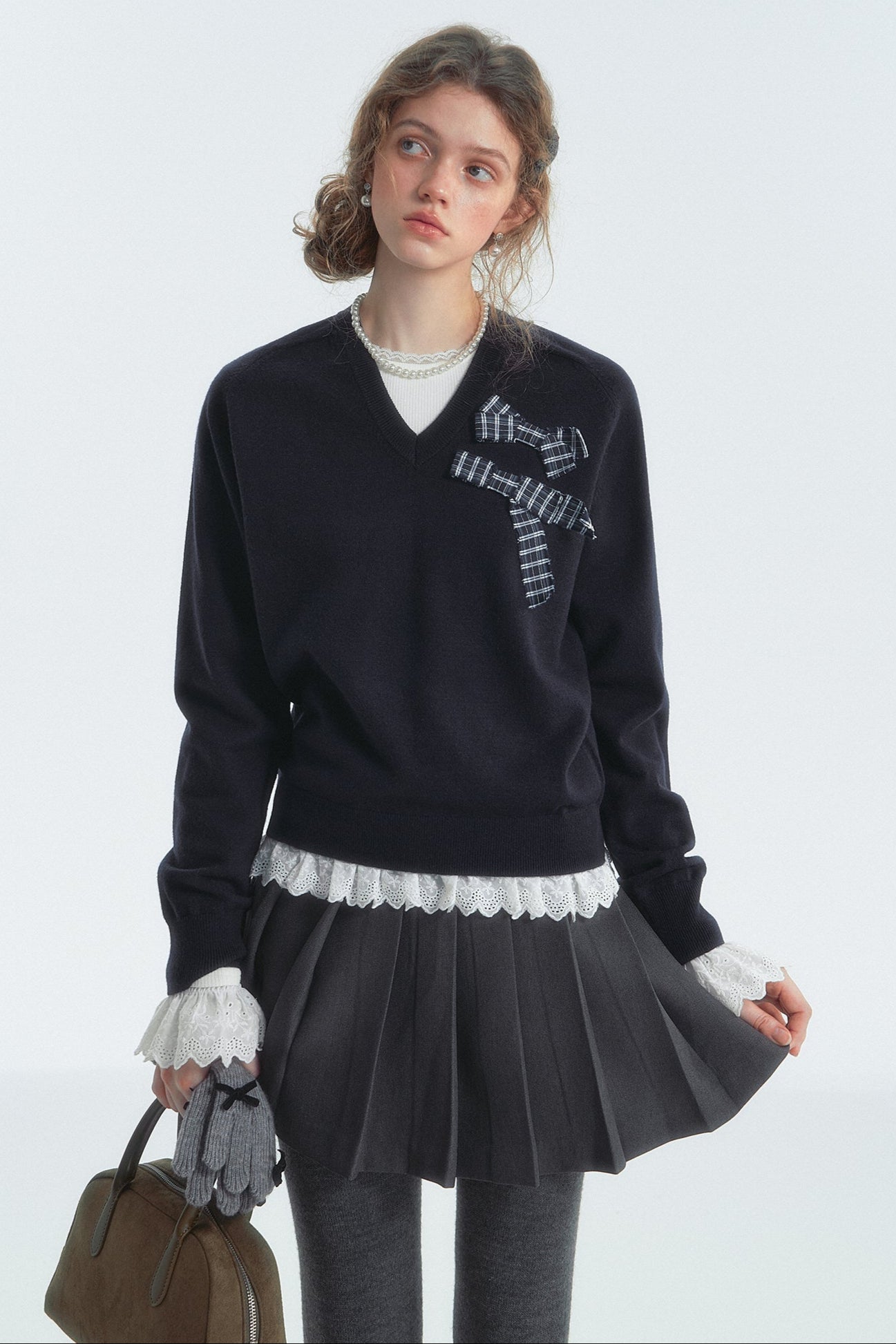 Bow Detail Checked V-Neck Jumper