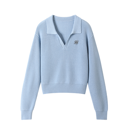 V-neck logo long-sleeved knit tops