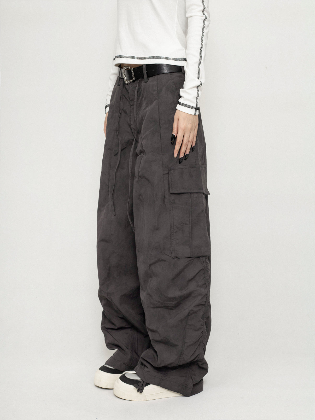 saferido Casual Straight Wide Leg Pants Breathable High Street Trend Loose Casual Cargo Pants Plaid Black Rope Decorative Trousers Spring