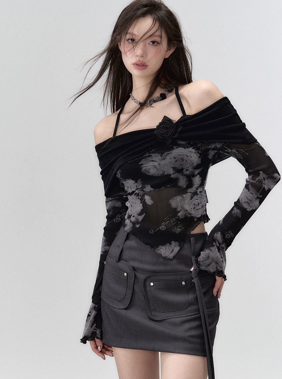 Dark rose fake two-piece dress / long sleeved T-shirt