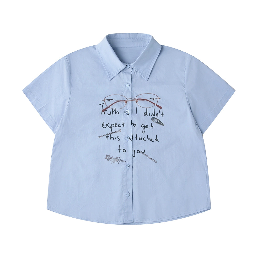 Glasses Letter Print Short Sleeve Shirt