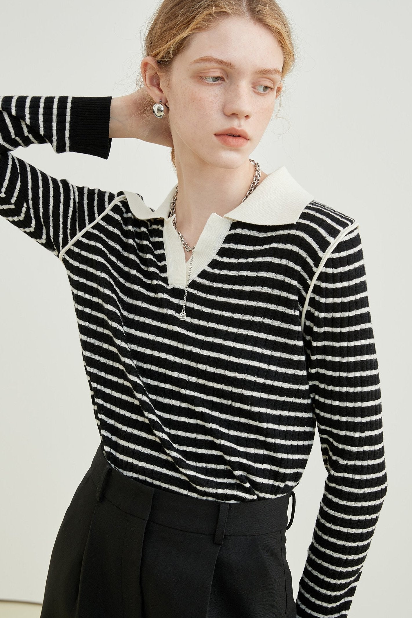 VEGA CHANG Striped Knitwear Women's Spring Autumn 2024 New Slim Slim Polo Neck Wool Base Layer