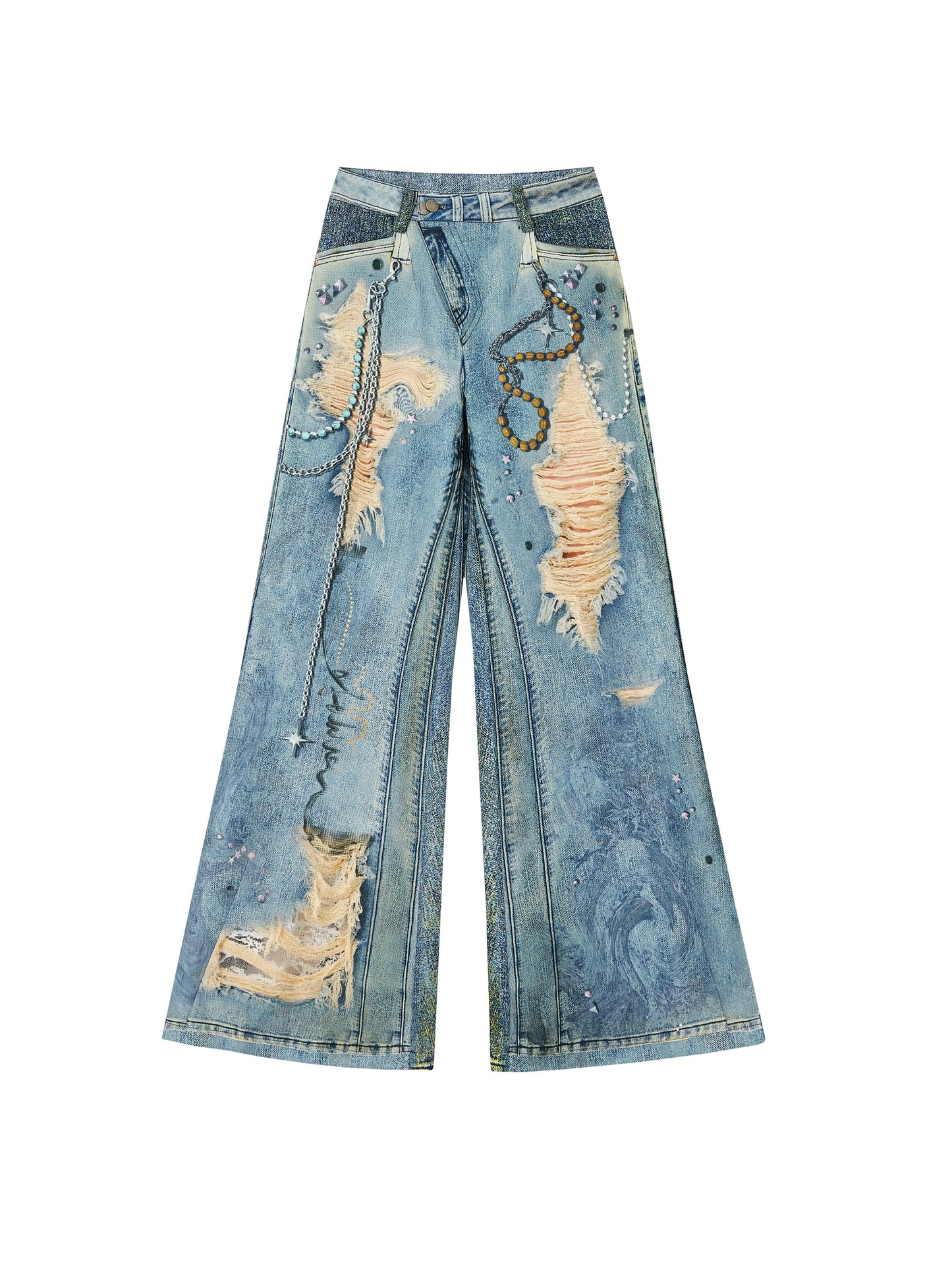 Ripped Faux-Denim Flared Pants