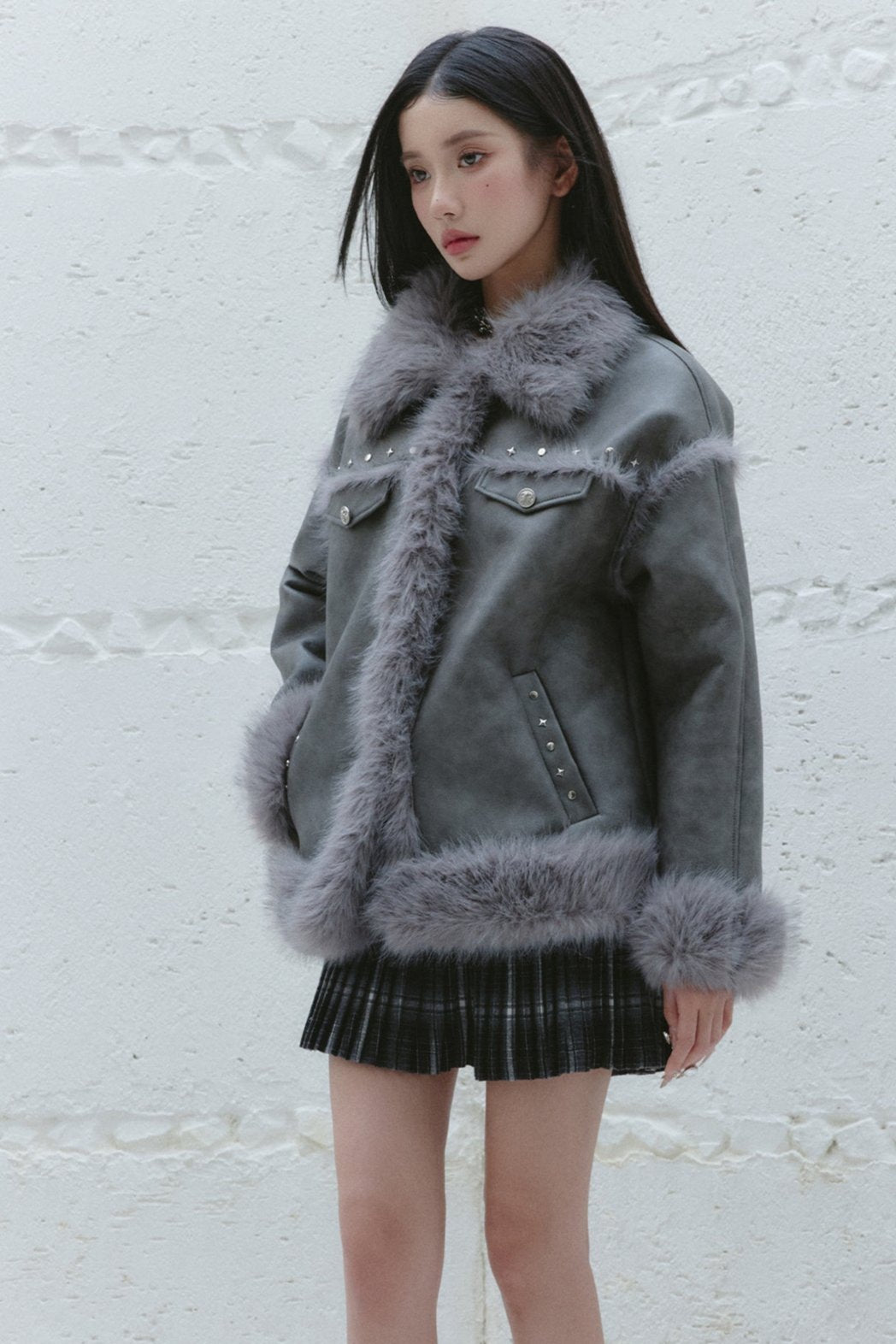 Gray Korean Versatile FUR JACKET