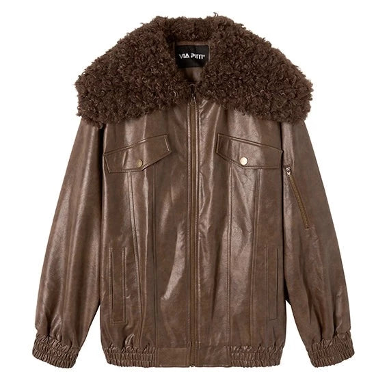 fur collar stitching pu leather jacket