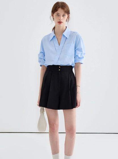 French V-Neck Casual Shirt And Skirt Set-Up