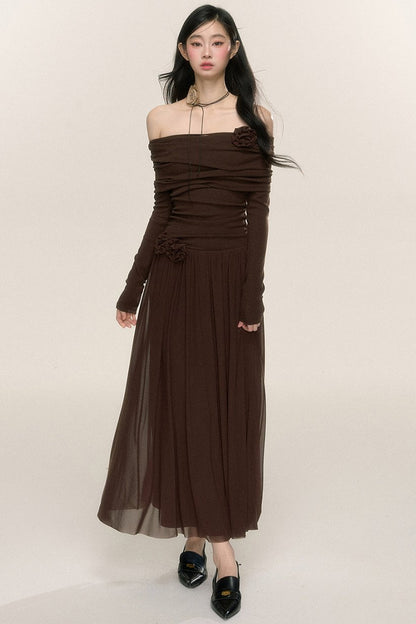 Long-Sleeve One-Shoulder Maxi Dress