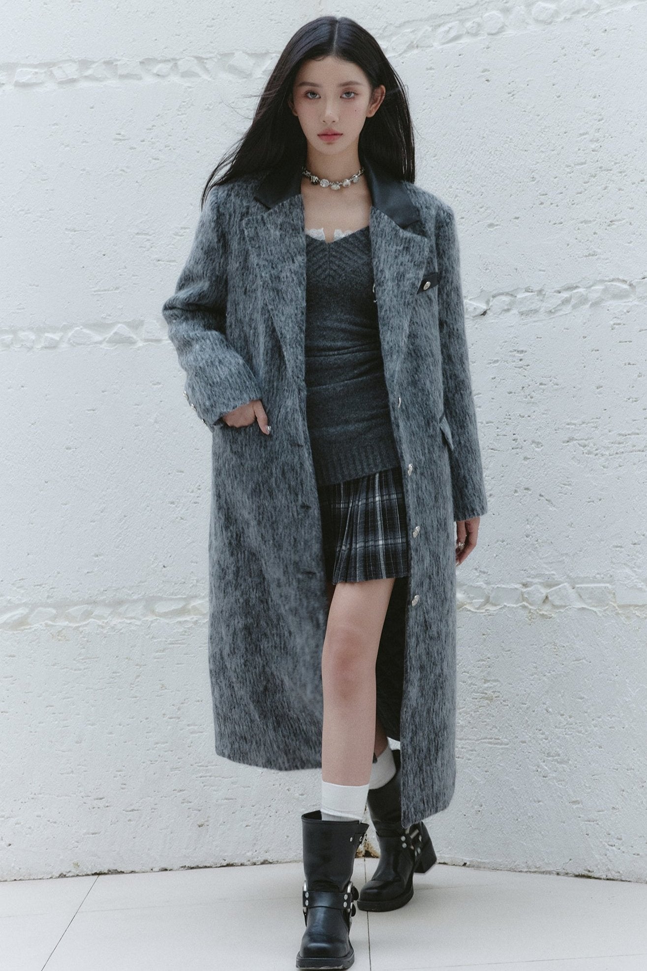 Long Dark Gray Wool Tweed Coat