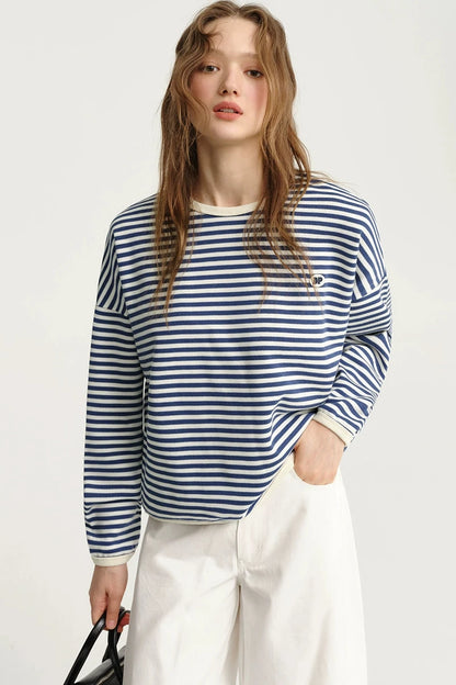 DESIGNER PLUS KOREAN BLUE STRIPED THIN HOODLESS SWEATSHIRT PRE-FALL BASIC COTTON LONG-SLEEVED T-SHIRT