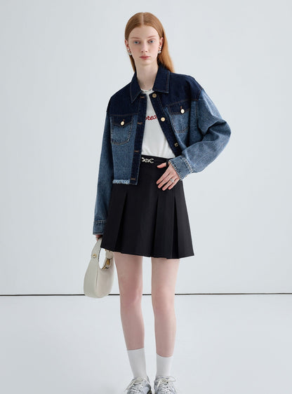 Color-blocked small denim short jacket