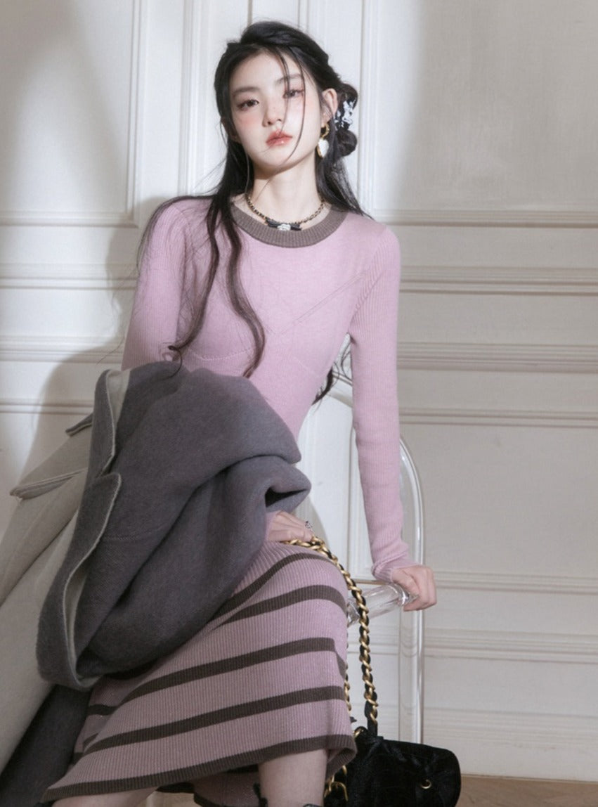 Pink Rose striped  woollen knit dress