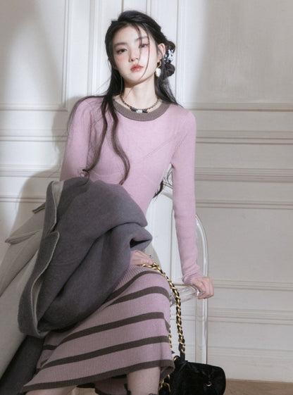 Pink Rose striped woollen knit dress
