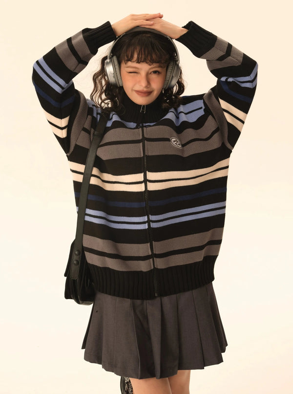 striped half-turtleneck knitted cardigan coat